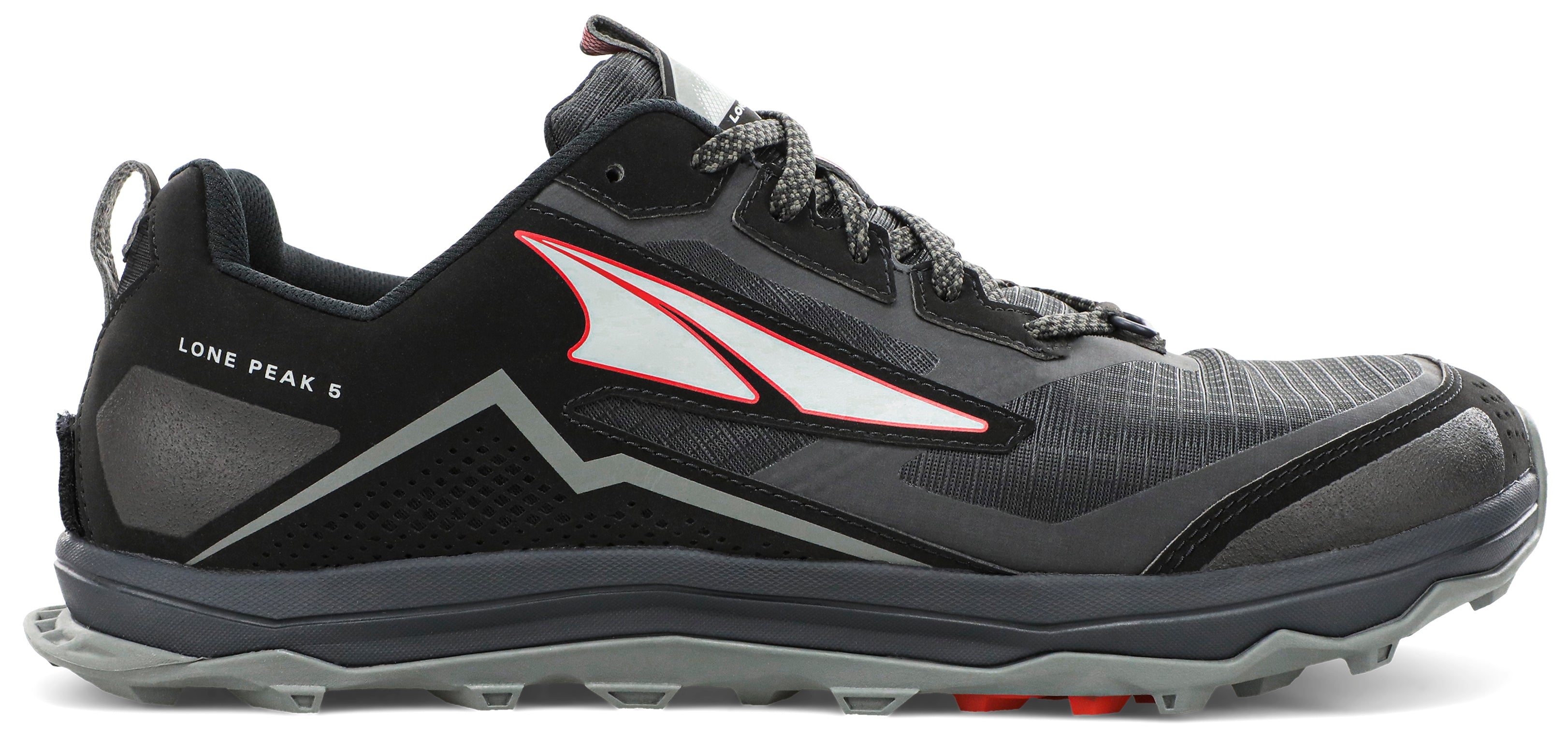 Altra Men's Lone Peak 5 Trail Running Shoe in Dark Slate/Red from the side