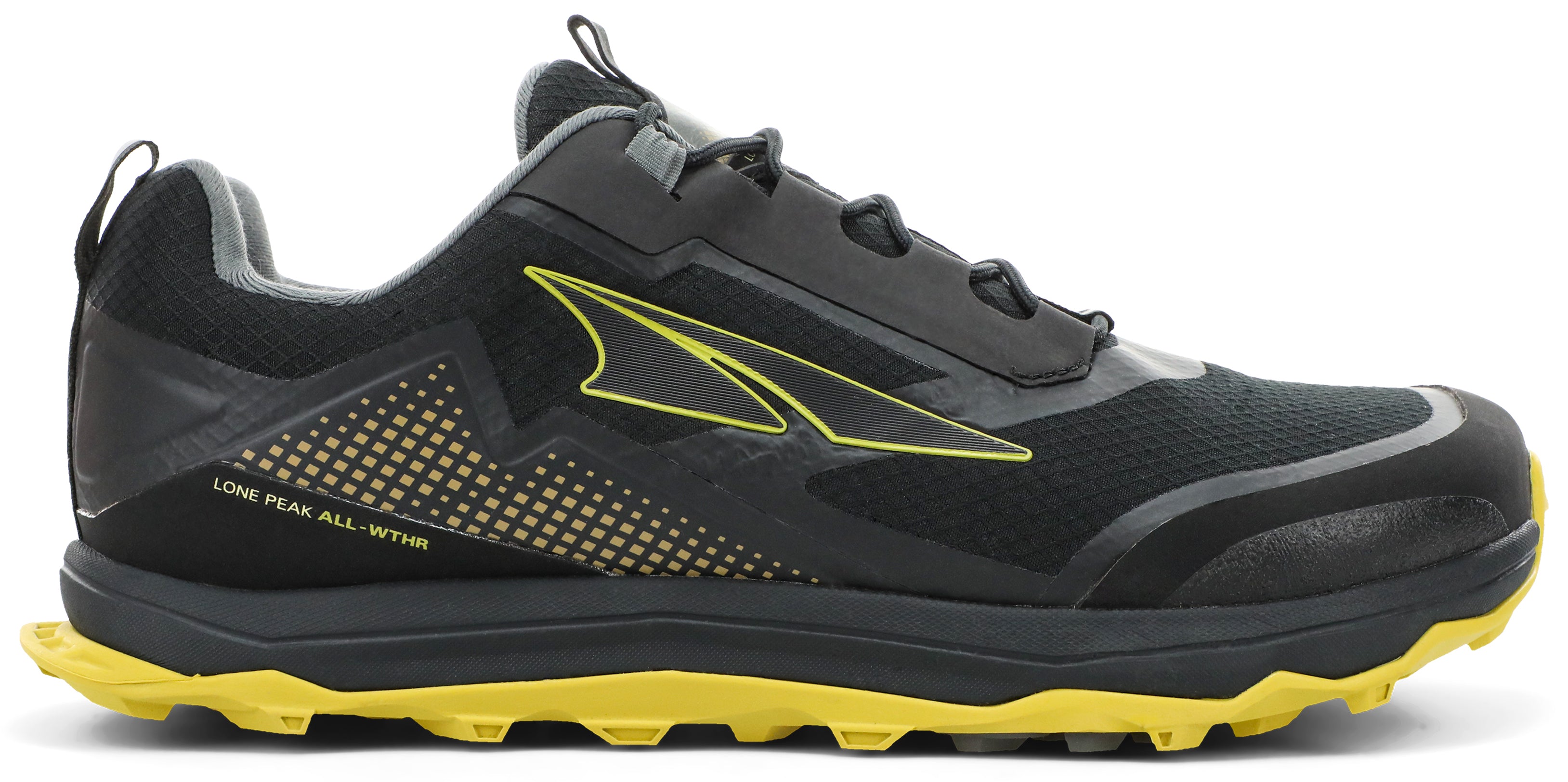 Altra Men's Lone Peak ALL-WTHR Low Trail Running Shoe in Black/Yellow from the side