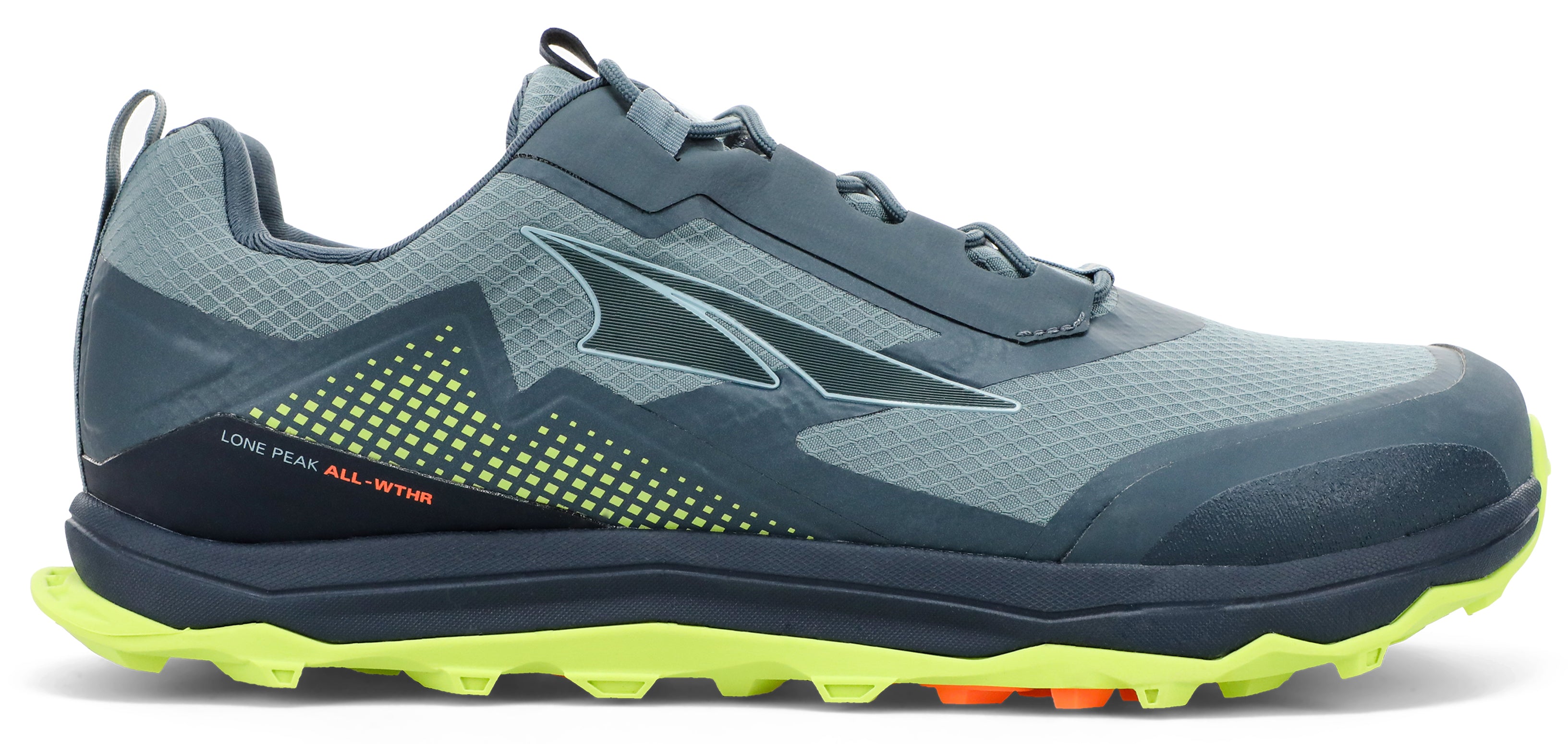 Altra Men's Lone Peak ALL-WTHR Low Trail Running Shoe in Gray/Lime from the side