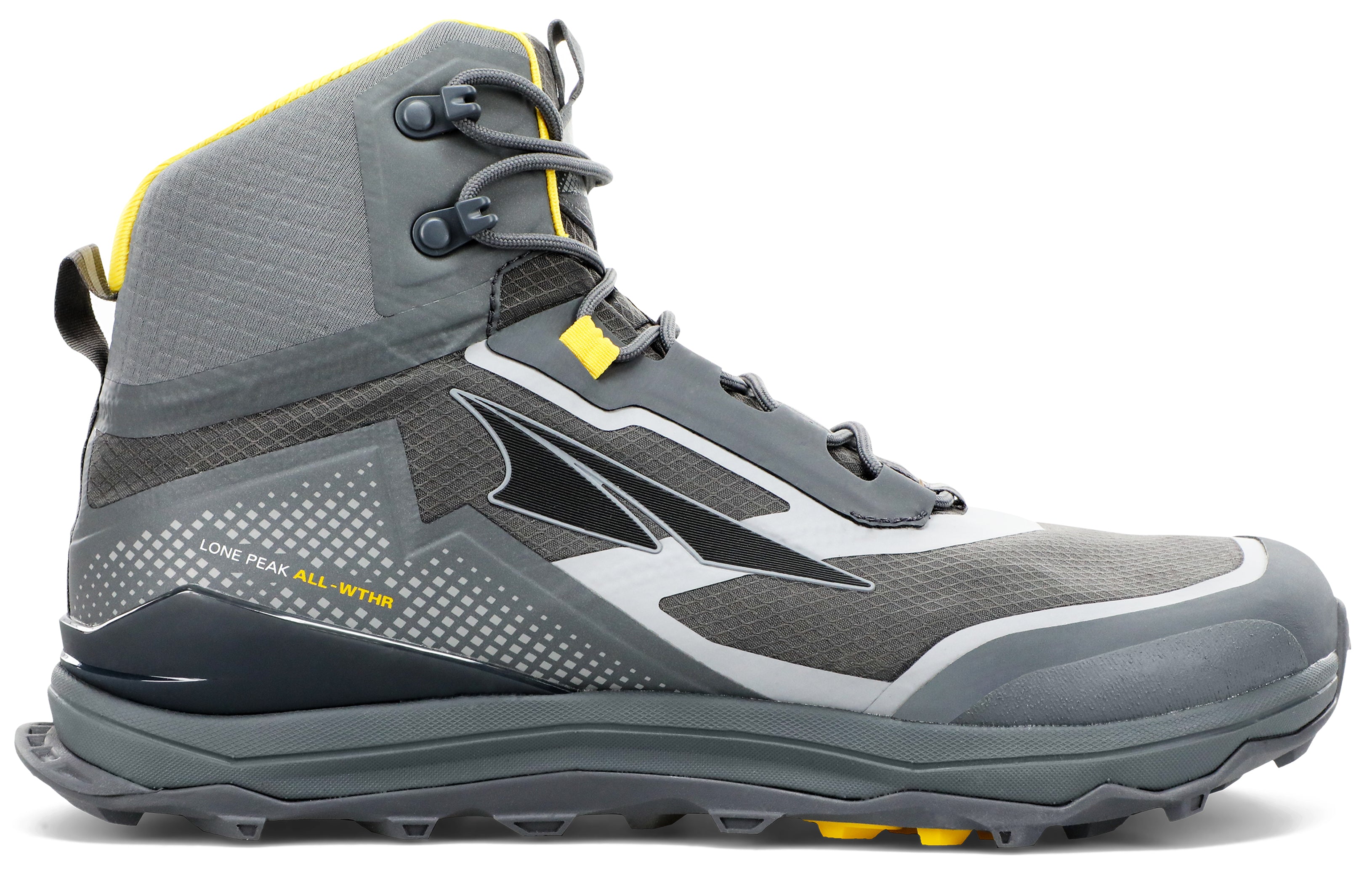 Altra Men's Lone Peak ALL-WTHR Mid Trail Running Shoe in Gray/Yellow from the side