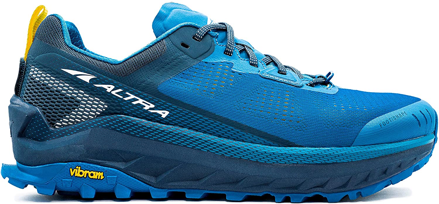 Altra Men's Olympus 4 Trail Running Shoe in Blue/Yellow from the side