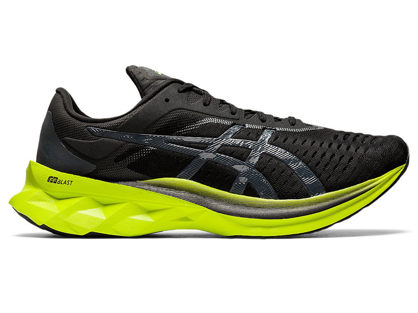 Men's Asics Novablast Running Shoe in Black/Lime Zest from the side