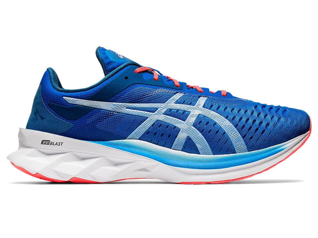 Men's Asics Novablast Running Shoe in Directoire Blue/White from the side