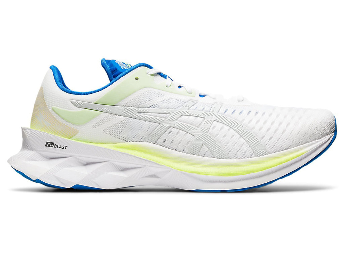 Men's Asics Novablast Running Shoe in White/Glacier Grey from the side