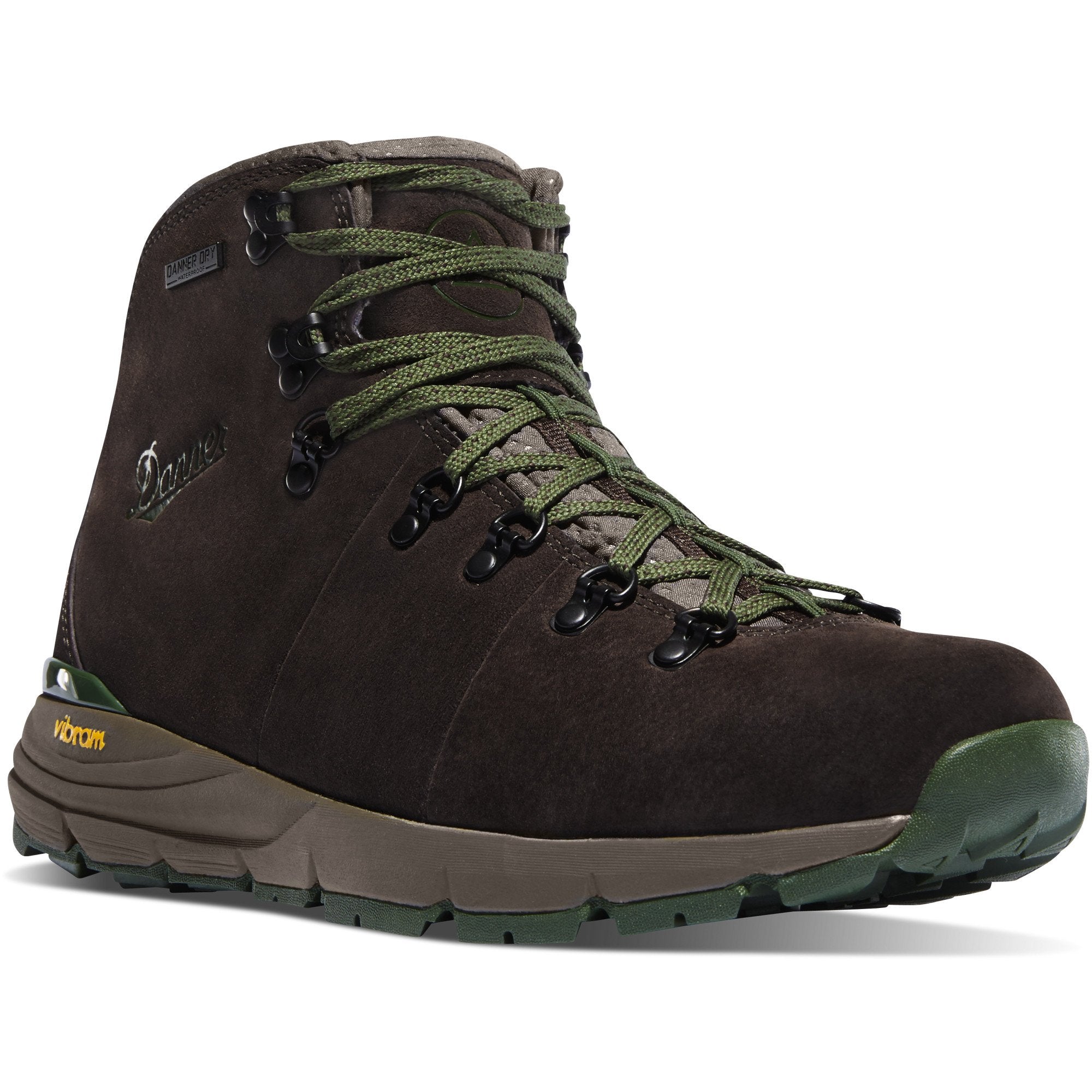 Danner Men's Mountain 600 4.5" Waterproof Hiking Boot in Dark Brown/Green from the side