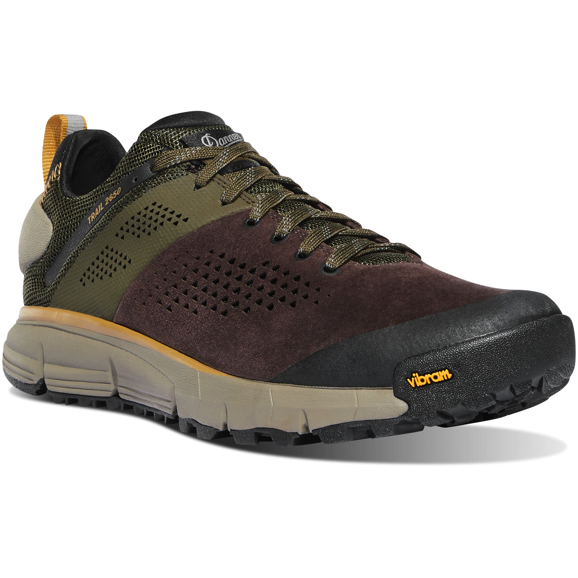 Danner Men's Trail 2650 3" Hiking Shoe in Dark Brown/Green from the side