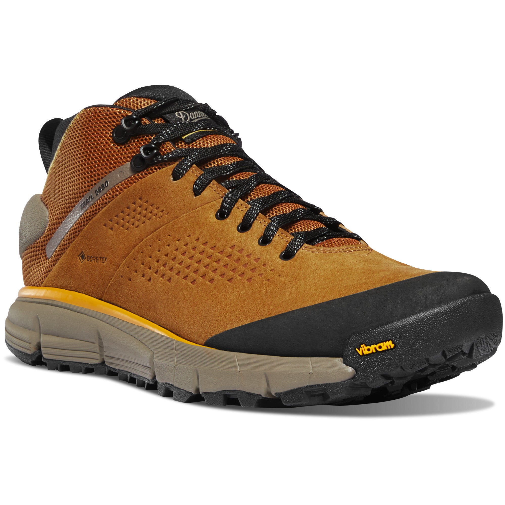 Danner Men's Trail 2650 Mid 4" Gore-Tex Waterproof Hiking Boot in Brown/Gold from the side