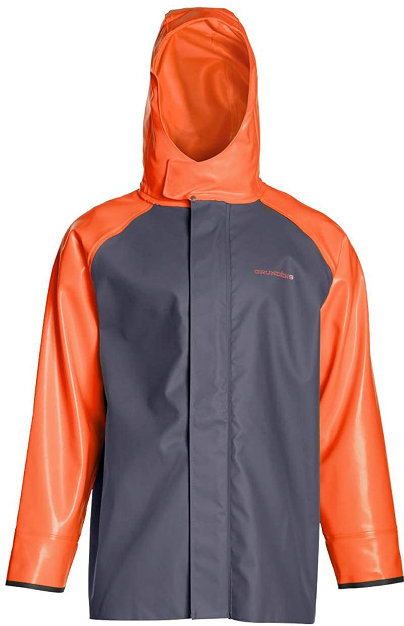 Grundéns Men's Hauler Rain Jacket in Orange / Grey from the front