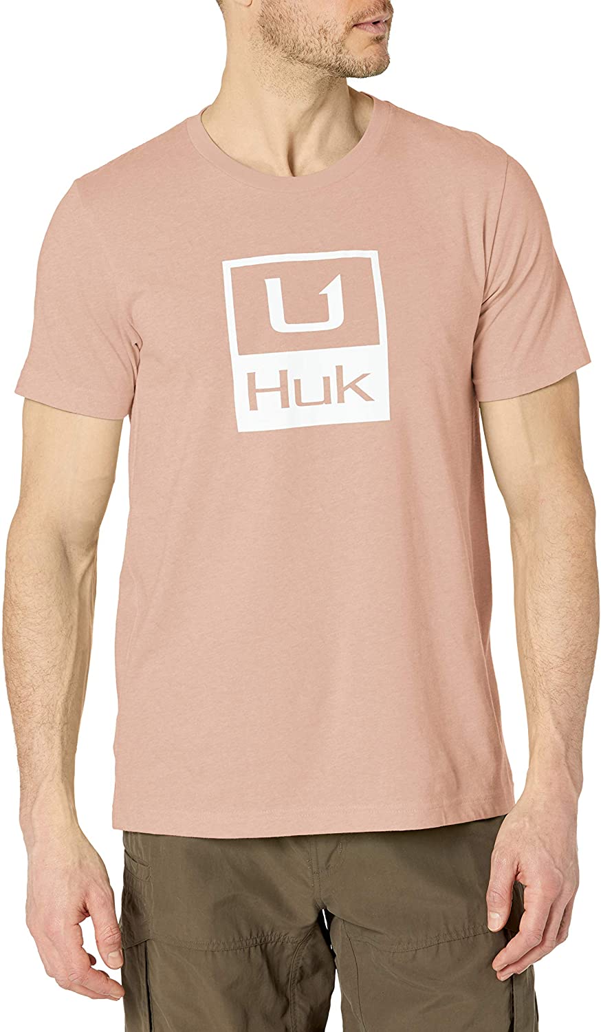 Men's Huk Huk'd Up Performance Tee in Beach Peach Heather from the front