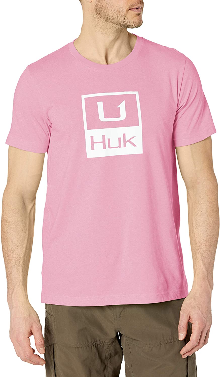Men's Huk Huk'd Up Performance Tee in Seashell Pink Heather from the front
