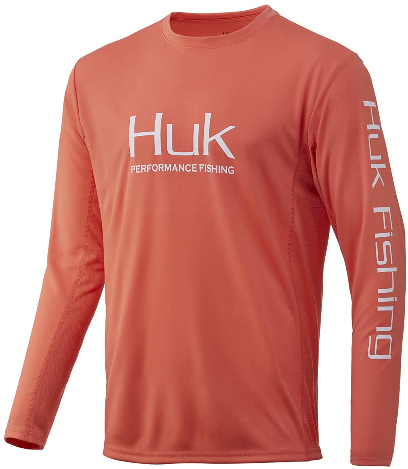 Men's Huk Icon X Long Sleeve Shirt in Fusion Coral from the front