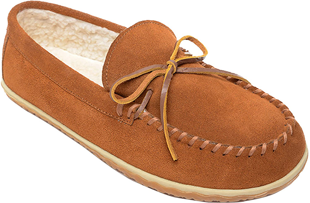 Men's Minnetonka Taft Moccasin Slipper in Brown from the front view