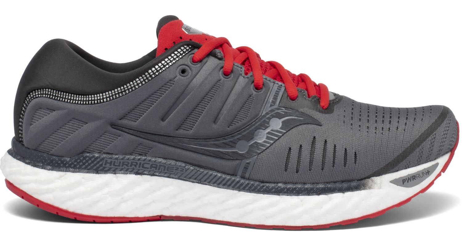 Saucony Men's Hurricane 22 Running Shoe in Charcoal/Red from the side