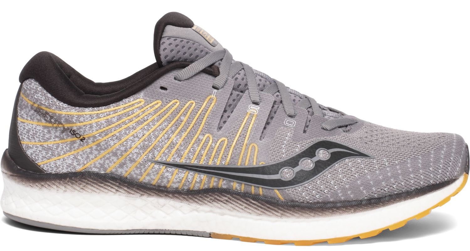 Saucony Men's Liberty Iso 2 Running Shoe in Grey/Yellow from the side