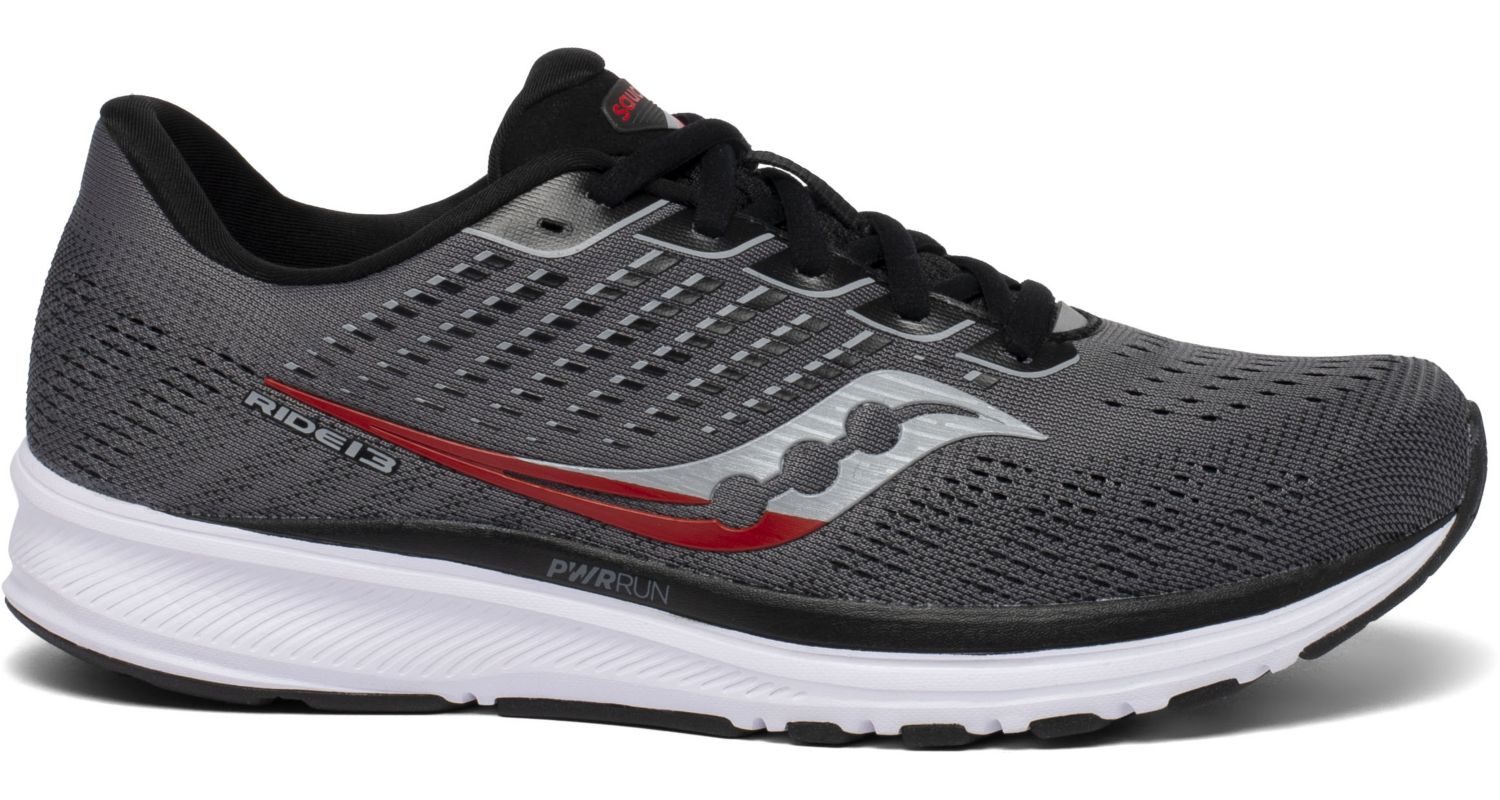 Saucony Men's Ride 13 Running Shoe in Charcoal/Black from the side
