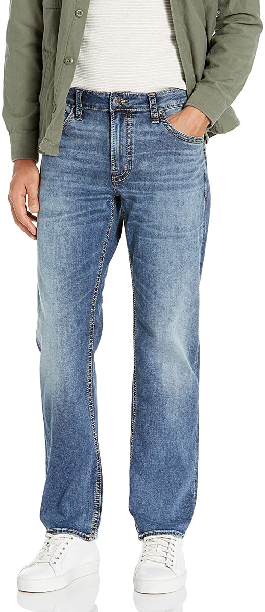 Men's Silver Jeans Eddie Relaxed Fit Tapered Leg Jean in Distressed Dark Wash from the front