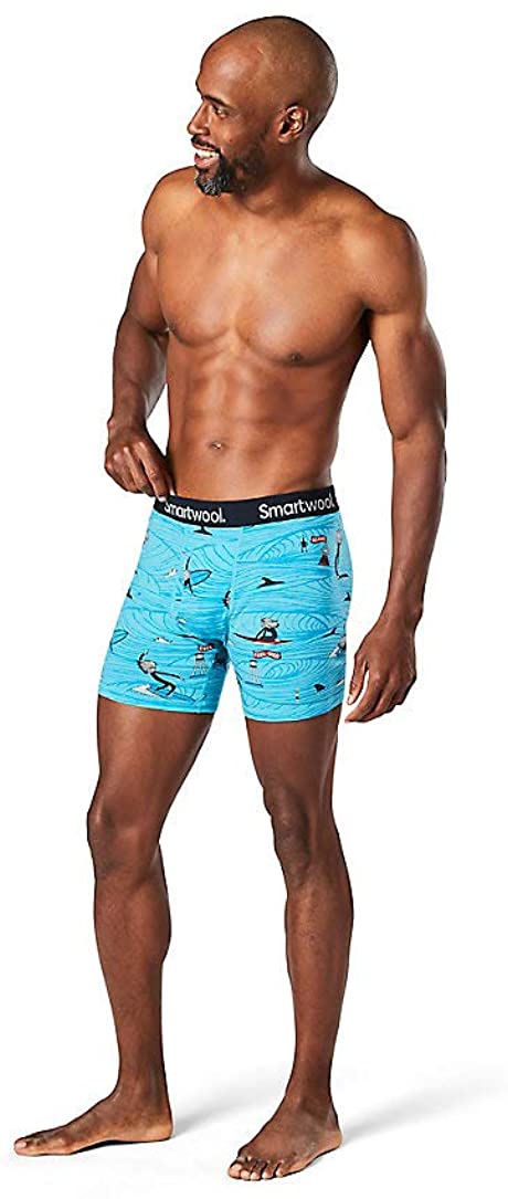 Men's Smartwool Merino 150 Print Boxer Brief Boxed in Iceberg Blue Bearded Guy Print view from the front