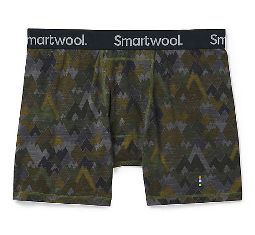 Men's Smartwool Merino 150 Print Boxer Brief Boxed in Military Olive Mountains For Days Print
