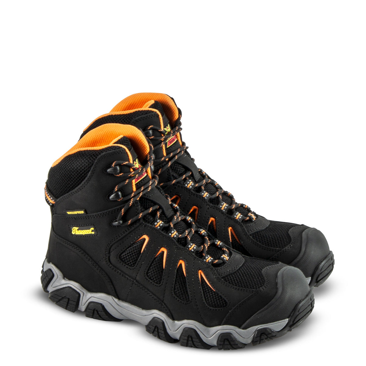 Thorogood Men's Crosstrex Series 6" Waterproof Composite Safety Toe Work Boot in Black/Orange from the side