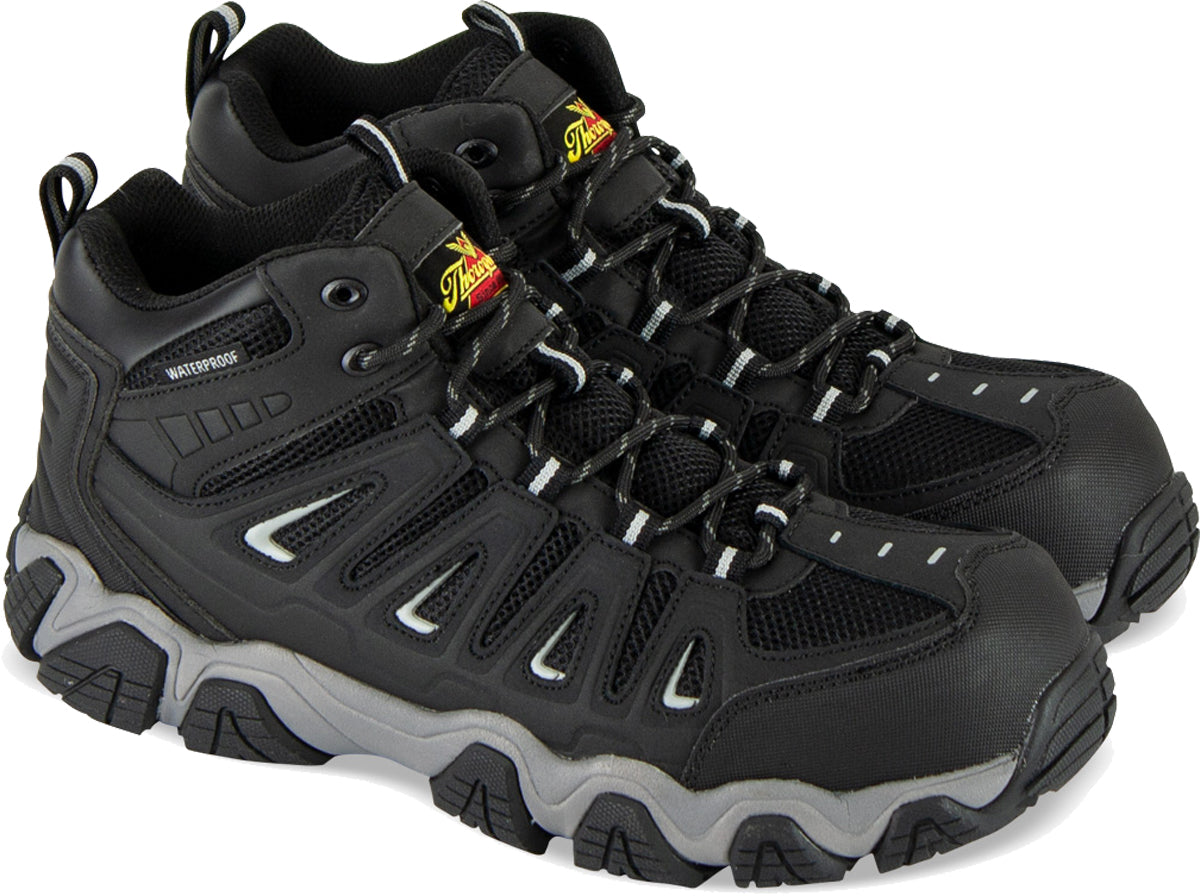 Thorogood Men's Crosstrex Series Mid Hiker Composite Safety Toe Work Boot in Black/Grey from the side