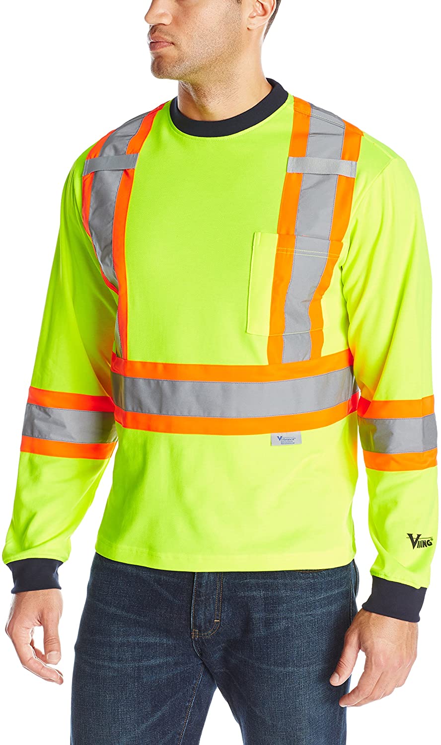 Men's Viking Hi-Vis Class 2 Safety Cotton Lined Long Sleeve Shirt in Green from the front