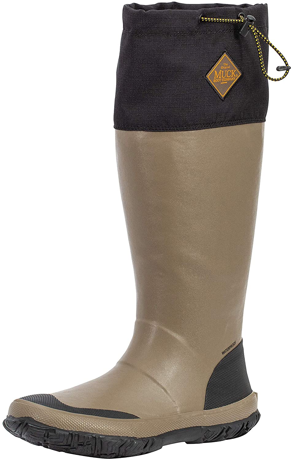 Unisex Muck Boot Forager Tall Waterproof Boot in Black/Tan view from the side