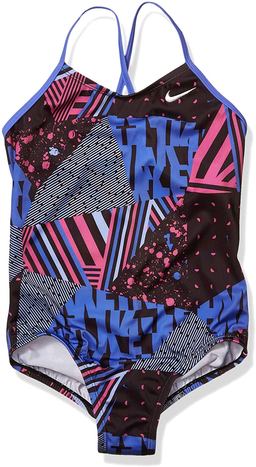 Girls' Nike Big Crossback Mash-Up One Piece Swimsuit in Black color from the front