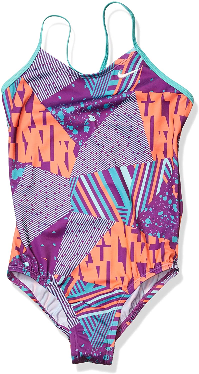Girls' Nike Big Crossback Mash-Up One Piece Swimsuit in Vivid Purple color from the front