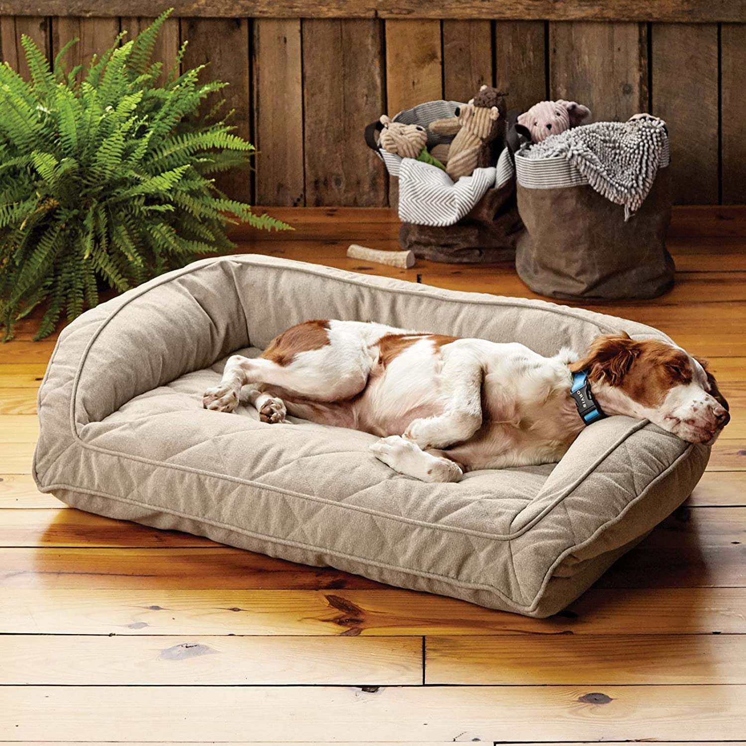 Orvis ComfortFill-Eco Bolster Dog Bed in Heathered Khaki