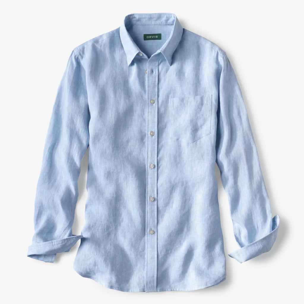 Orvis Men's Pure Linen Long-Sleeved Shirt in Light Blue
