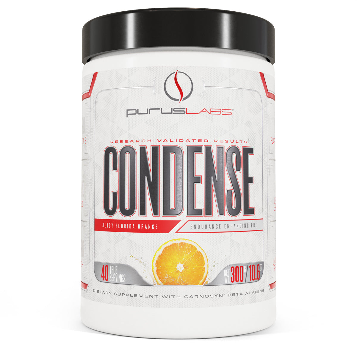 Purus Labs ConDense Pre Workout Dietary Supplement in Juicy Florida Orange from the front view
