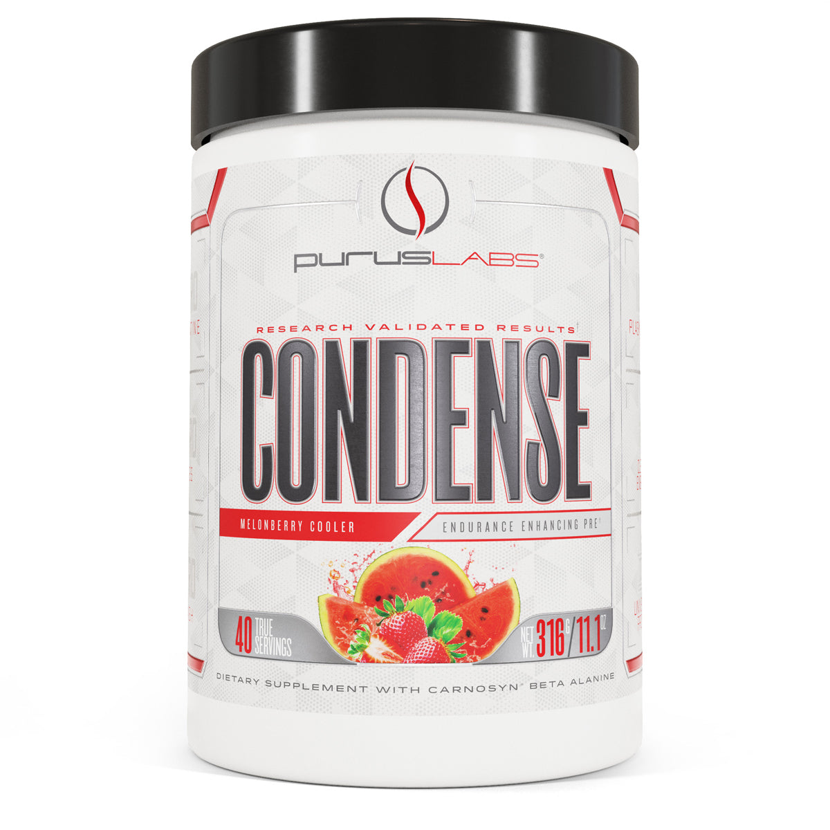 Purus Labs ConDense Pre Workout Dietary Supplement in Melon Berry Cooler from the front view