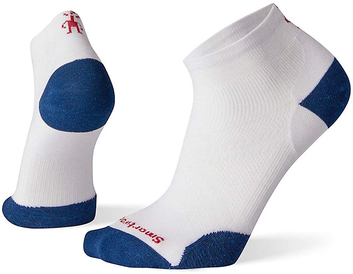 Unisex Smartwool PhD Run Ultra Light Low Cut Socks in White-Alpine Blue from the front view