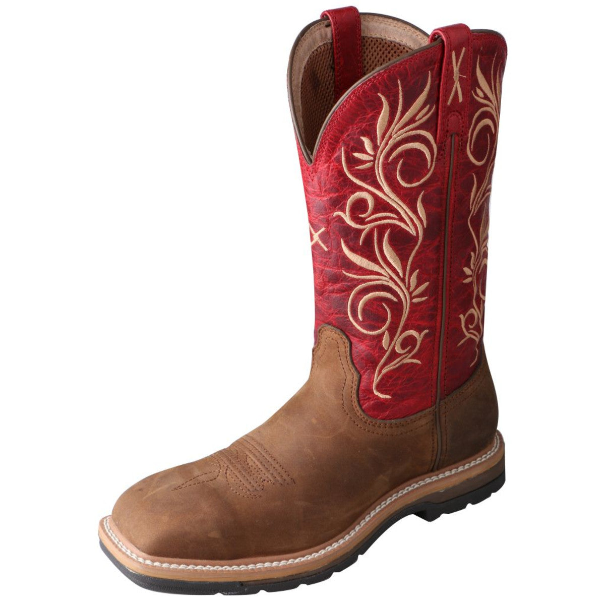 Women's Twisted X 11" Steel Toe Lite Western Work Boot in Distressed Latigo & Red from the front