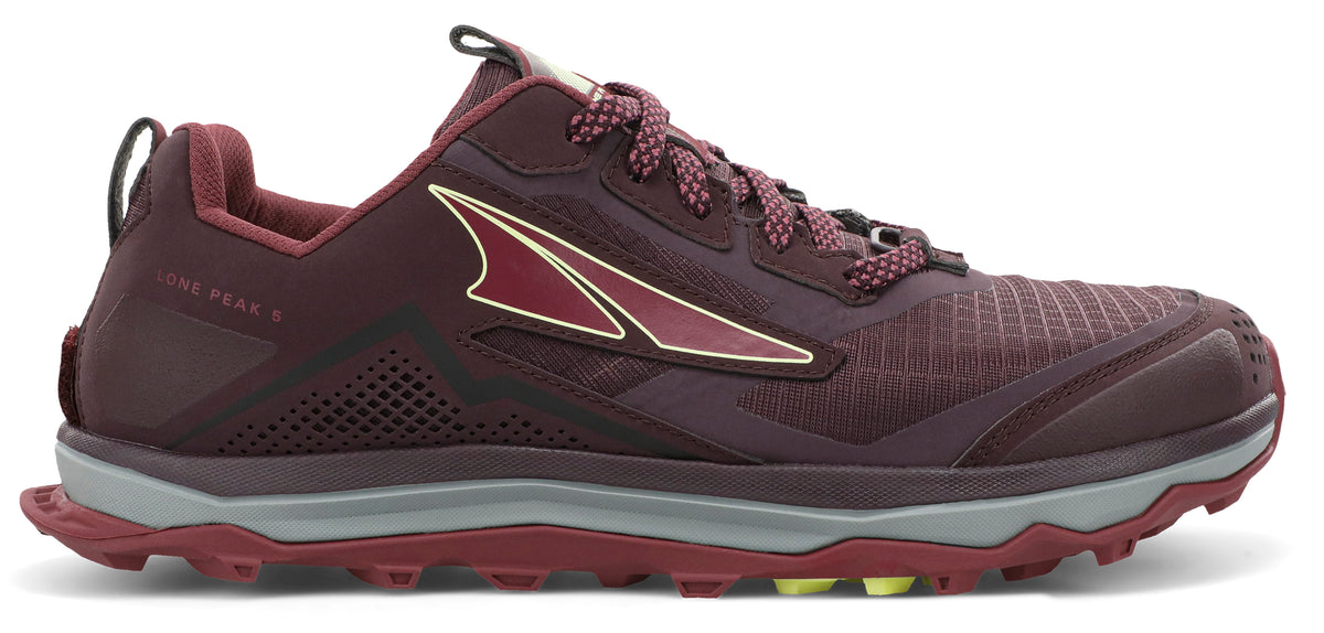 Altra Women's Lone Peak 5 Trail Running Shoe in Dark Port/Light Rose from the side