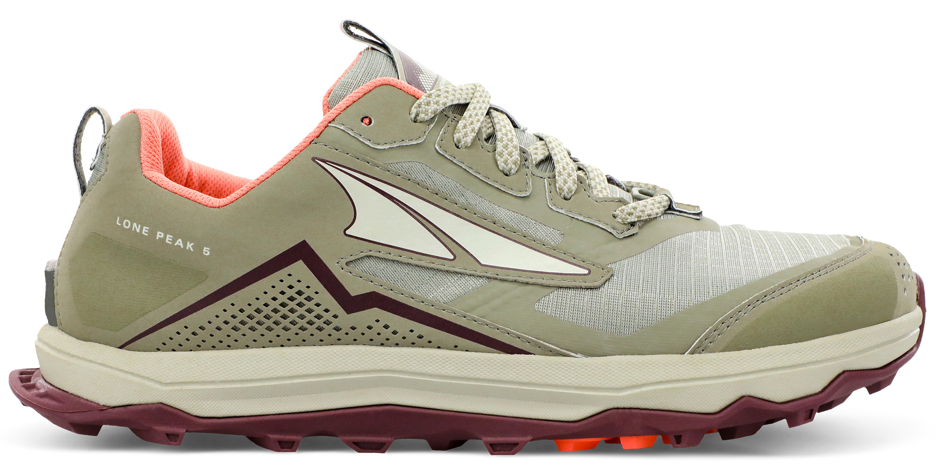 Altra Women's Lone Peak 5 Trail Running Shoe in Khaki from the side