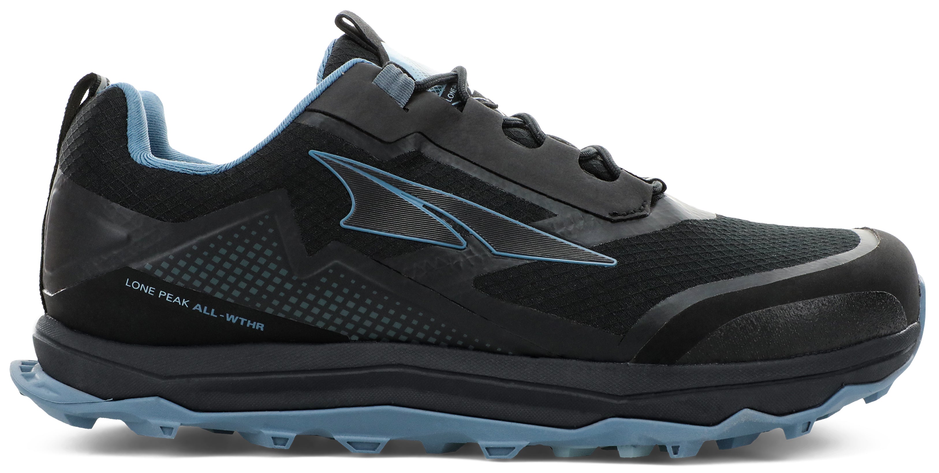Altra Women's Lone Peak ALL-WTHR Low Trail Running Shoe in Black/Blue from the side