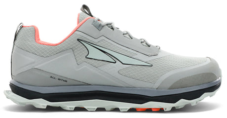 Altra Women's Lone Peak ALL-WTHR Low Trail Running Shoe in Gray/Orange from the side