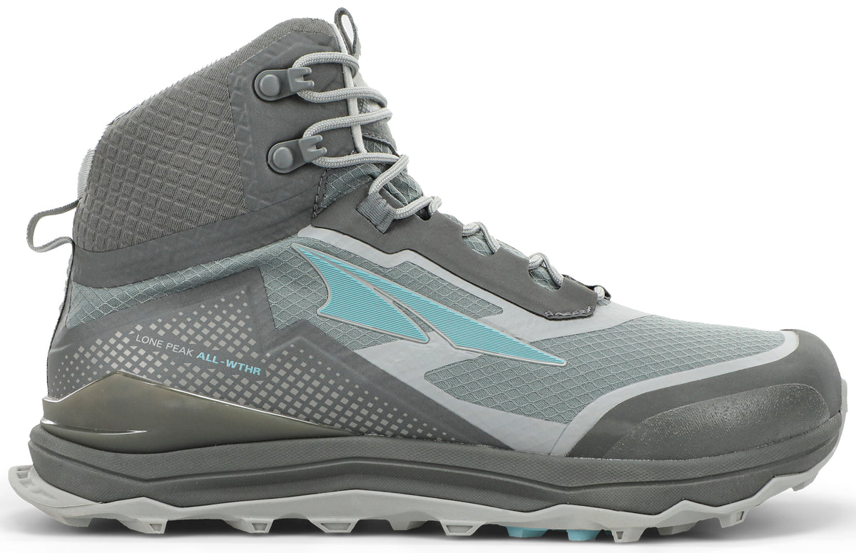 Altra Women's Lone Peak ALL-WTHR Mid Trail Running Shoe in Gray/Green from the side