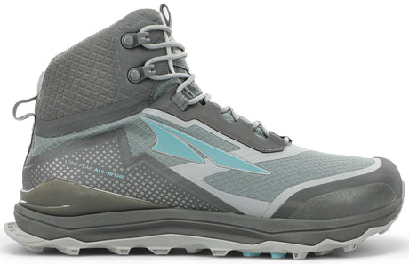 Altra Women's Lone Peak ALL-WTHR Mid Trail Running Shoe in Gray/Green from the side