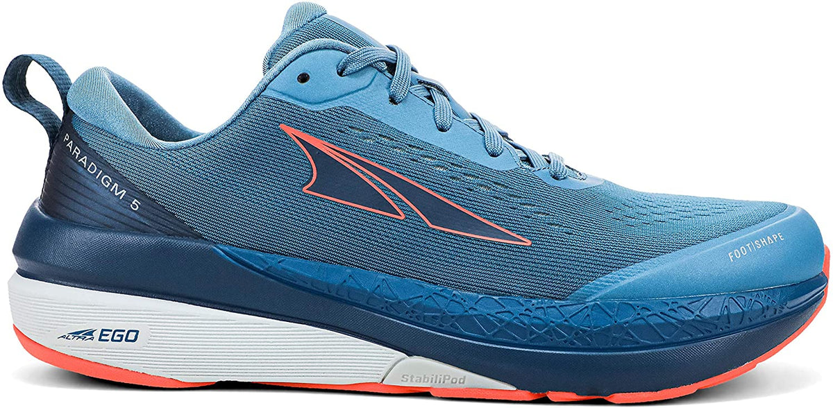 Altra Women's Paradigm 5 Road Running Shoe in Blue/Coral from the side