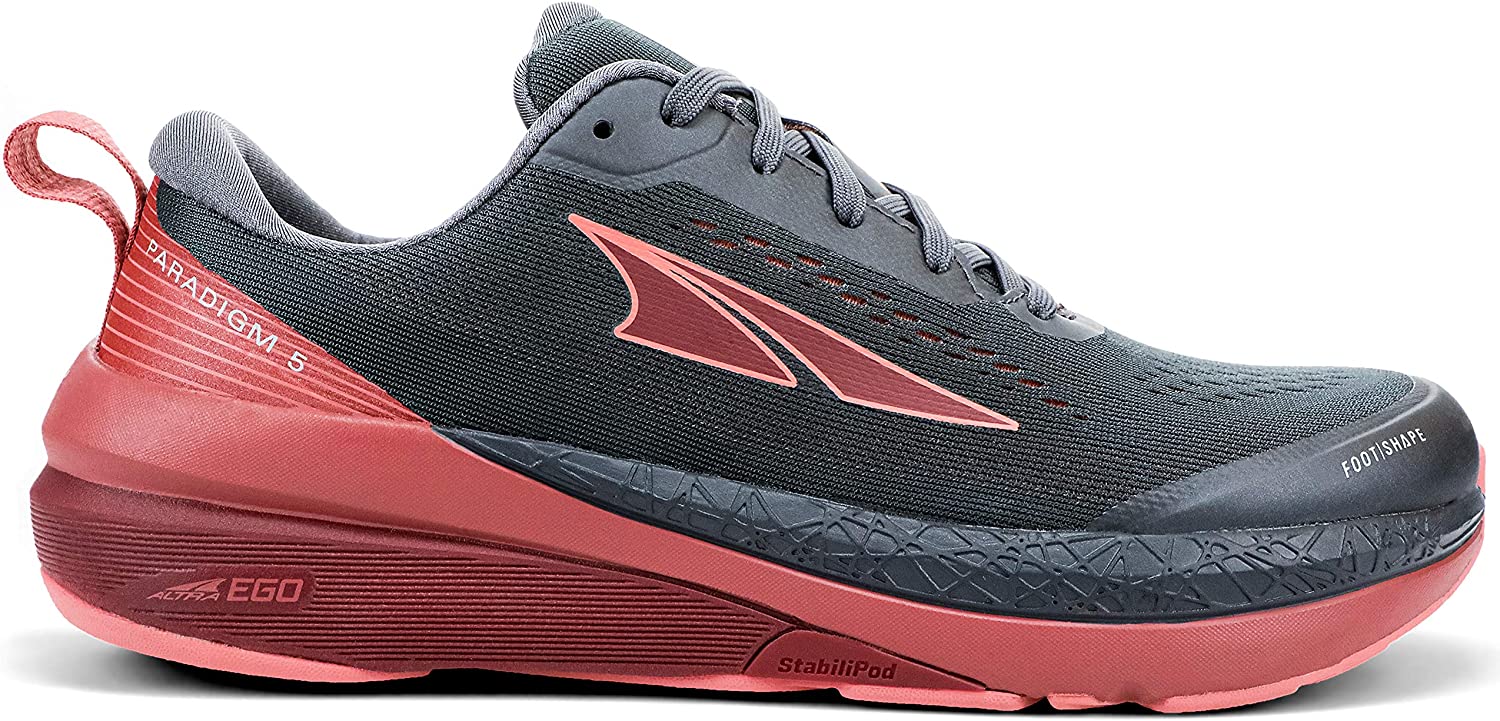 Altra Women's Paradigm 5 Road Running Shoe in Gray/Coral/Port from the side