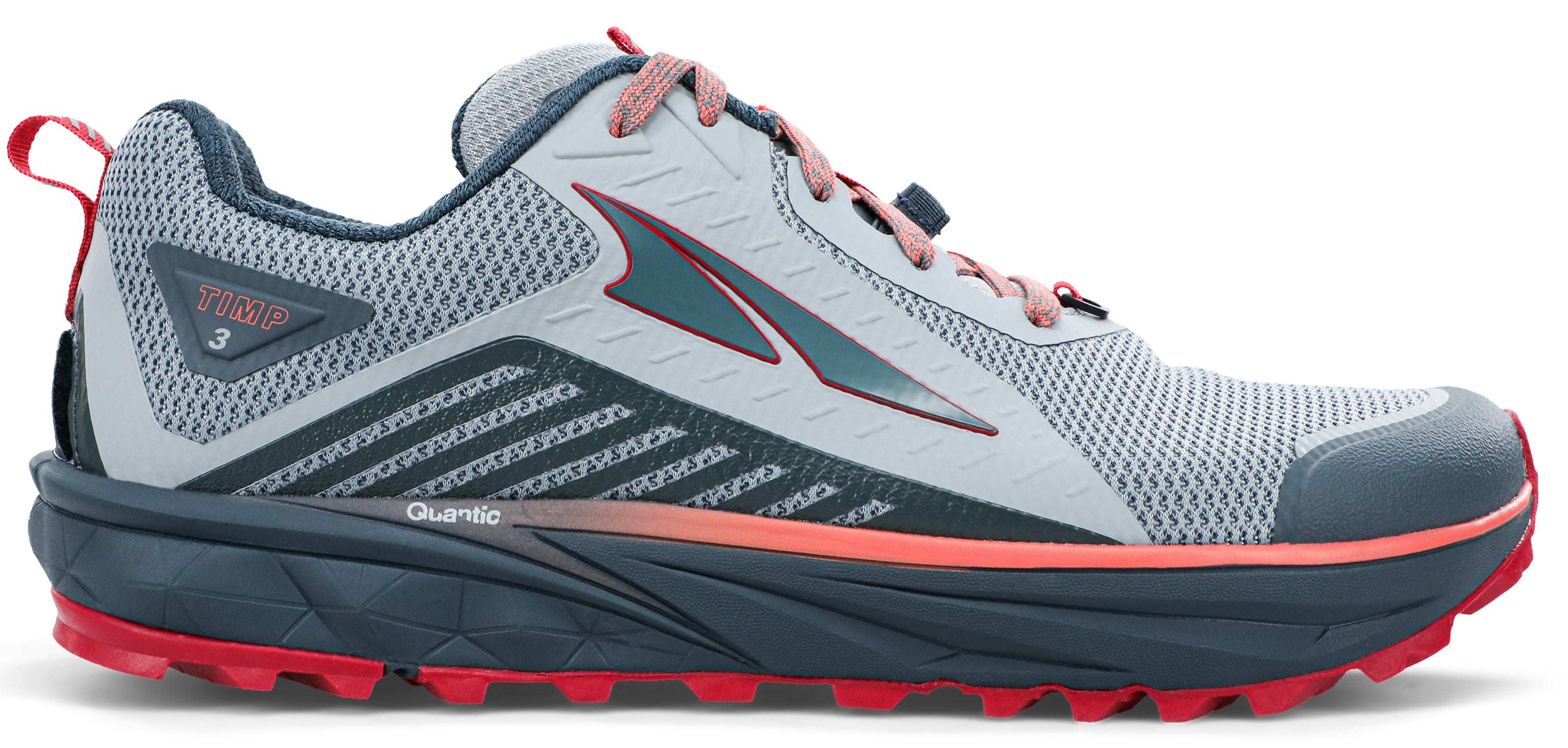 Women's Altra Timp 3 Trail Running Shoe in Gray/Pink from the side