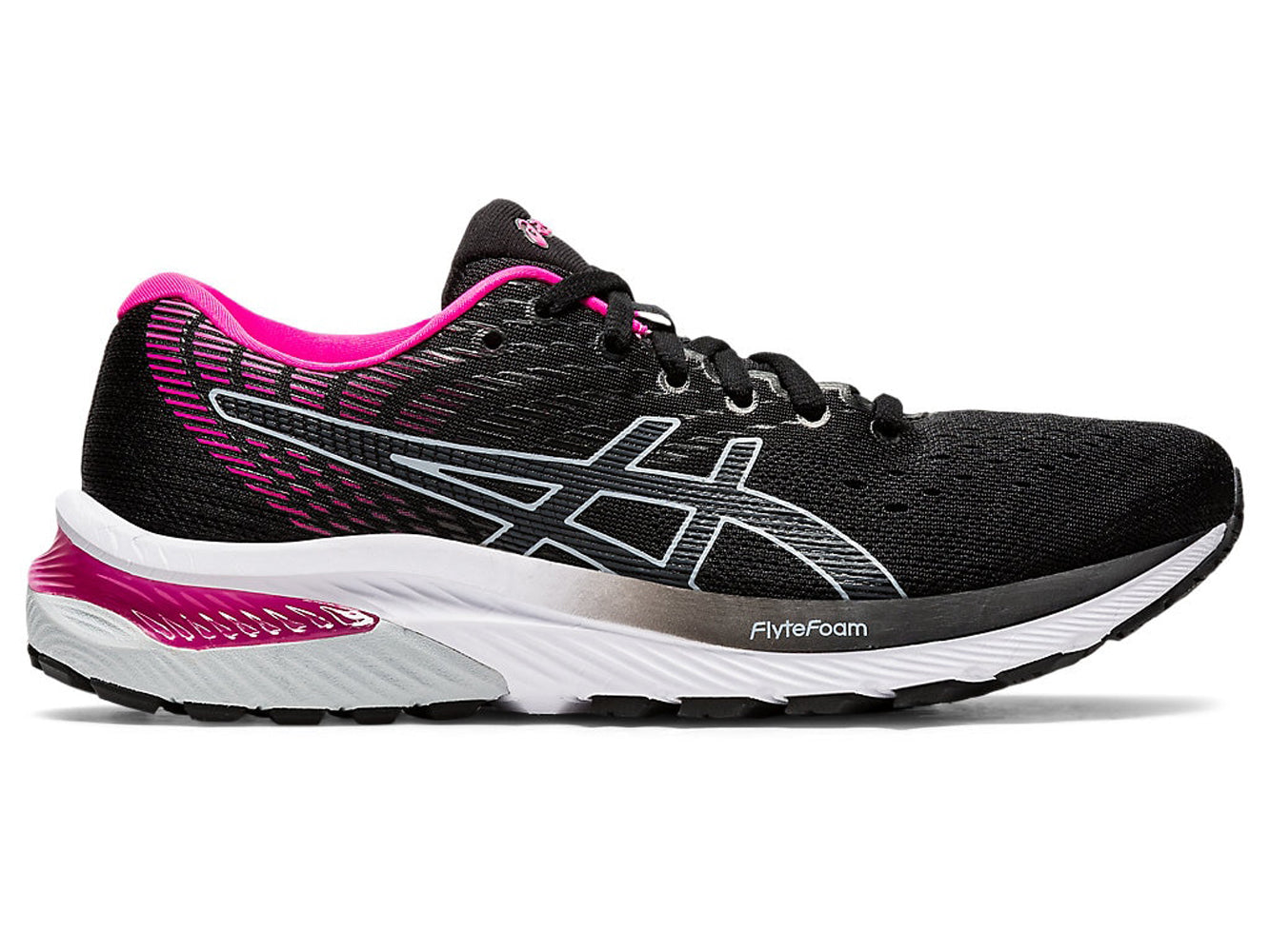 Women's Asics GEL-Cumulus 22 Running Shoe in Black/Pink Glo from the side