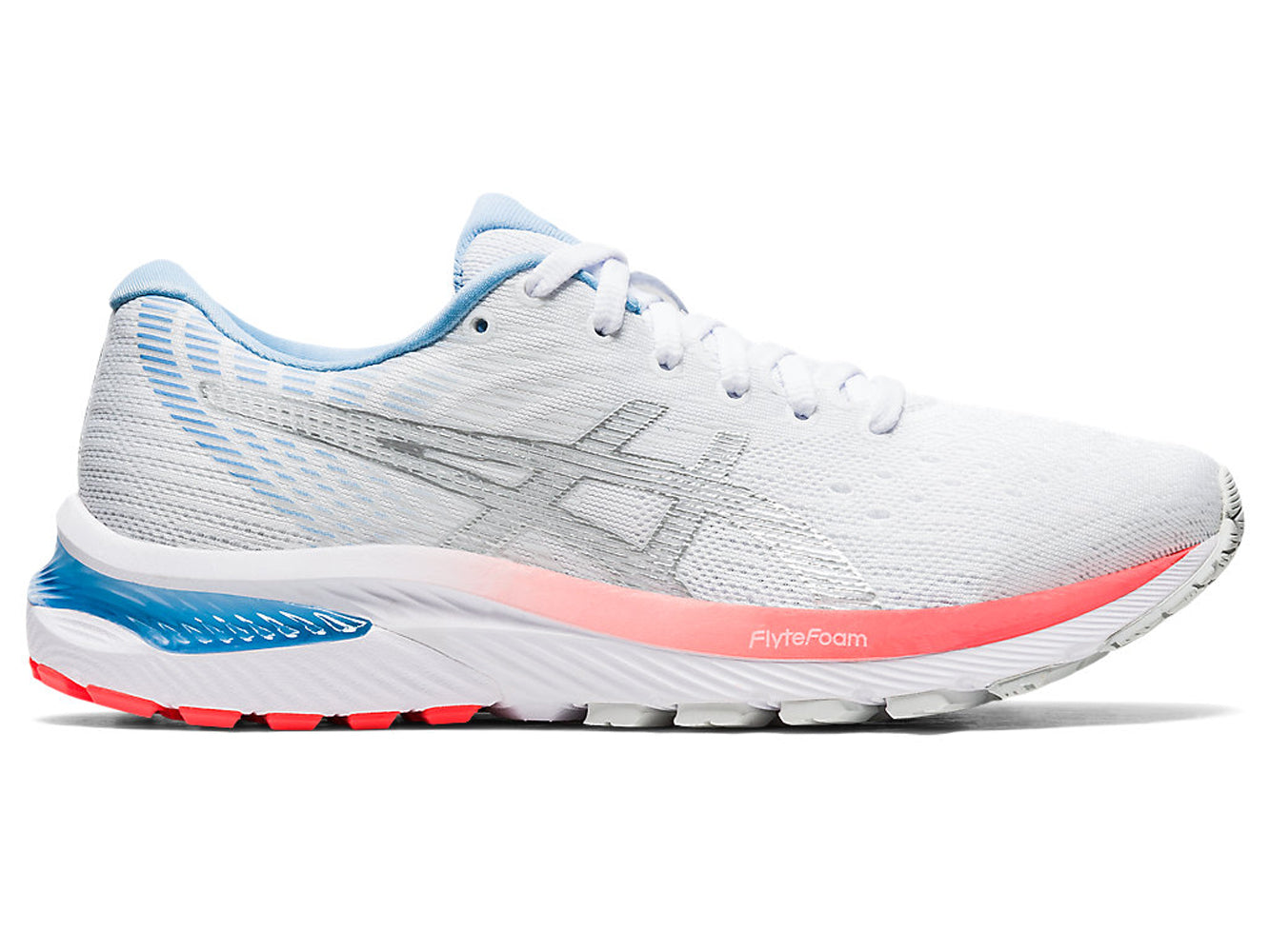 Women's Asics GEL-Cumulus 22 Running Shoe in White/Pure Silver from the side