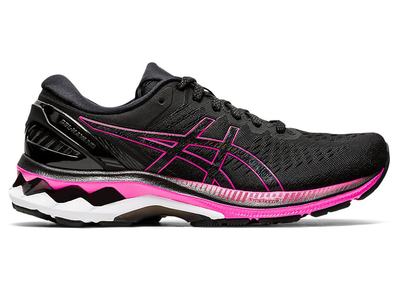 Women's Asics GEL-Kayano 27 Running Shoe in Black/Pink Glo from the side