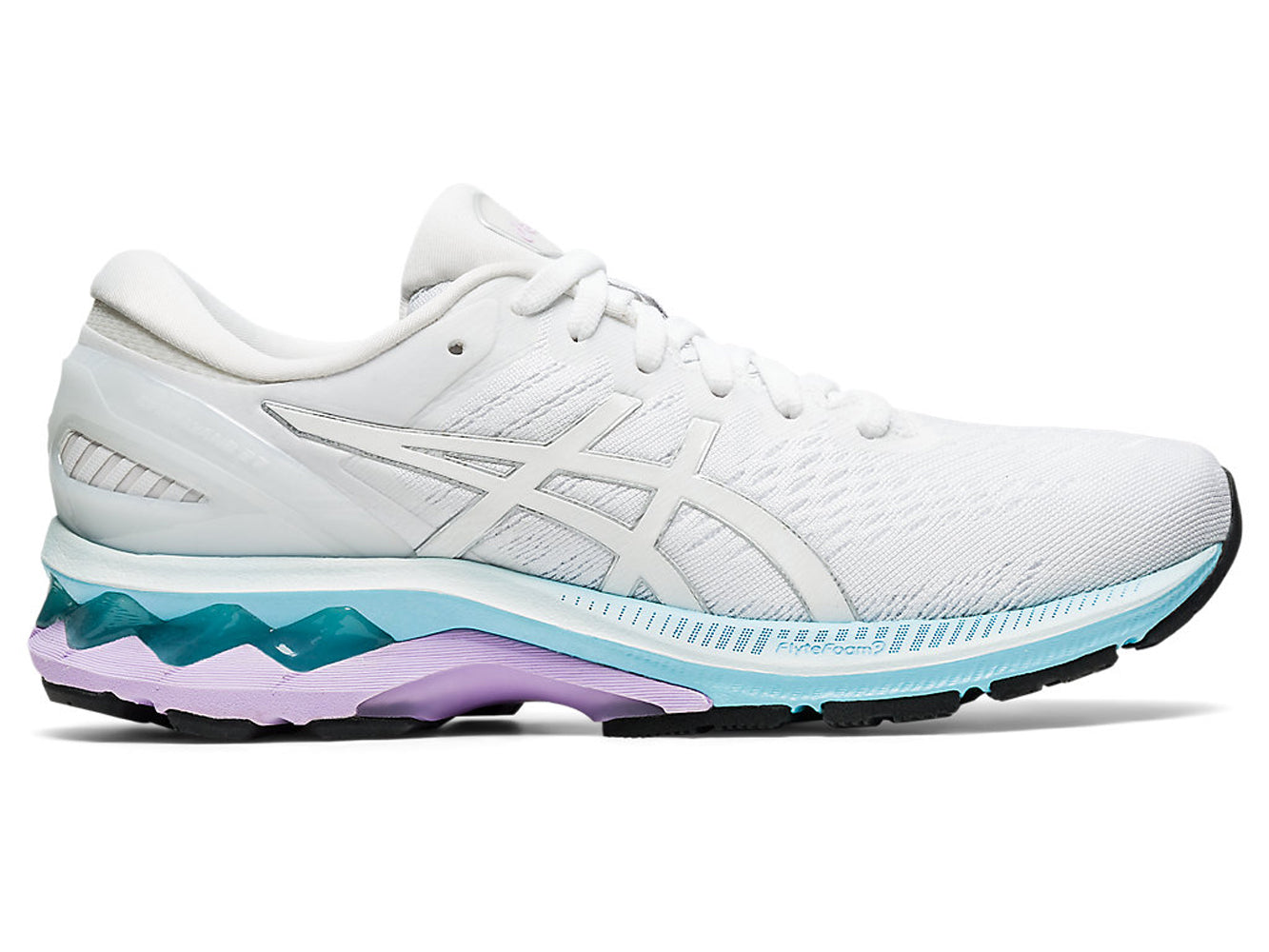 Women's Asics GEL-Kayano 27 Running Shoe in White/Pure Silver from the side