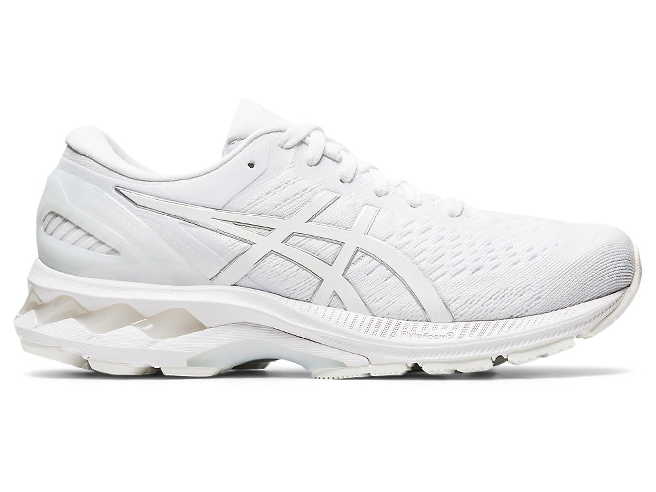 Women's Asics GEL-Kayano 27 Running Shoe in White/White from the side