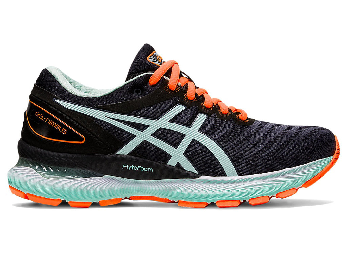 Women's Asics GEL-Nimbus 22 Running Shoe in Black/Bio Mint from the side