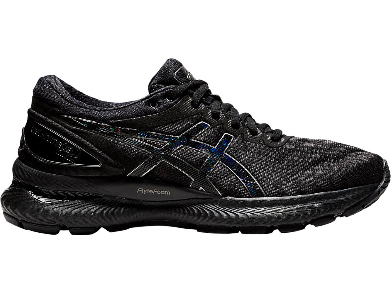 Women's Asics GEL-Nimbus 22 Running Shoe in Black/Black from the side